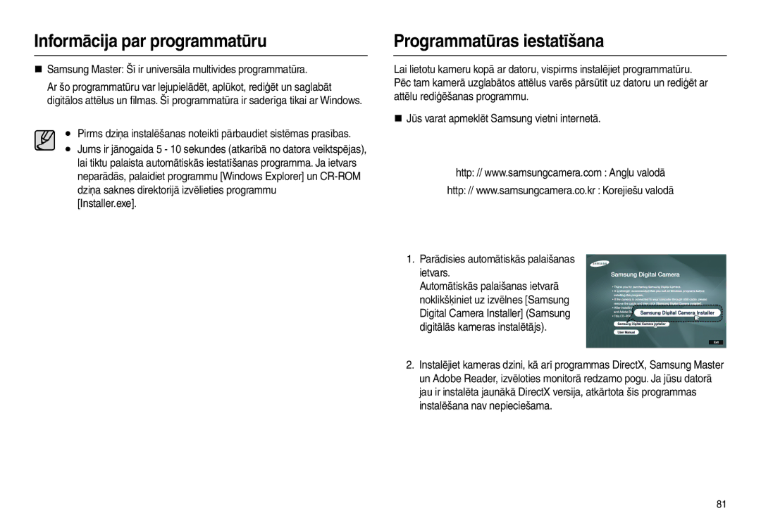 Samsung EC-L210ZRBA/LV manual Programmatūras iestatīšana, „ Samsung Master Šī ir universāla multivides programmatūra 