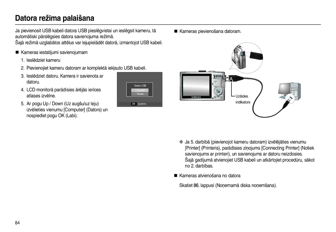 Samsung EC-L210ZBBA/LV Datora režīma palaišana, „ Kameras iestatījumi savienojumam Ieslēdziet kameru, Atlases izvēlne 