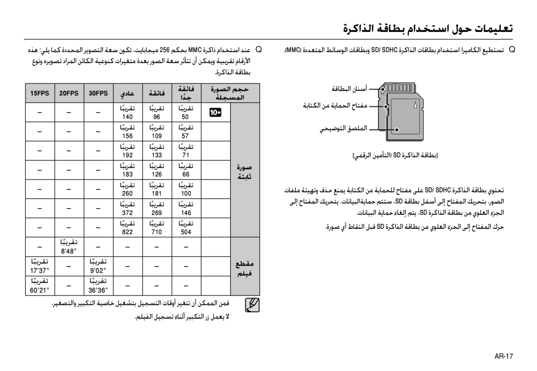 Samsung EC-L210ZSBB/E1, EC-L210ZRBB/E1, EC-L210ZBBB/E1 manual ةﺮﻛاﺬﻟا ﺔﻗﺎﻄﺑ, ﺎﺒﻳﺮﻘﺗ, ﻢﻠﻴﻔﻟا ﻞﻴﺠﺴﺗ ءﺎﻨﺛأ ﺮﻴﺒﻜﺘﻟا رز ﻞﻤﻌﻳ ﻻ 