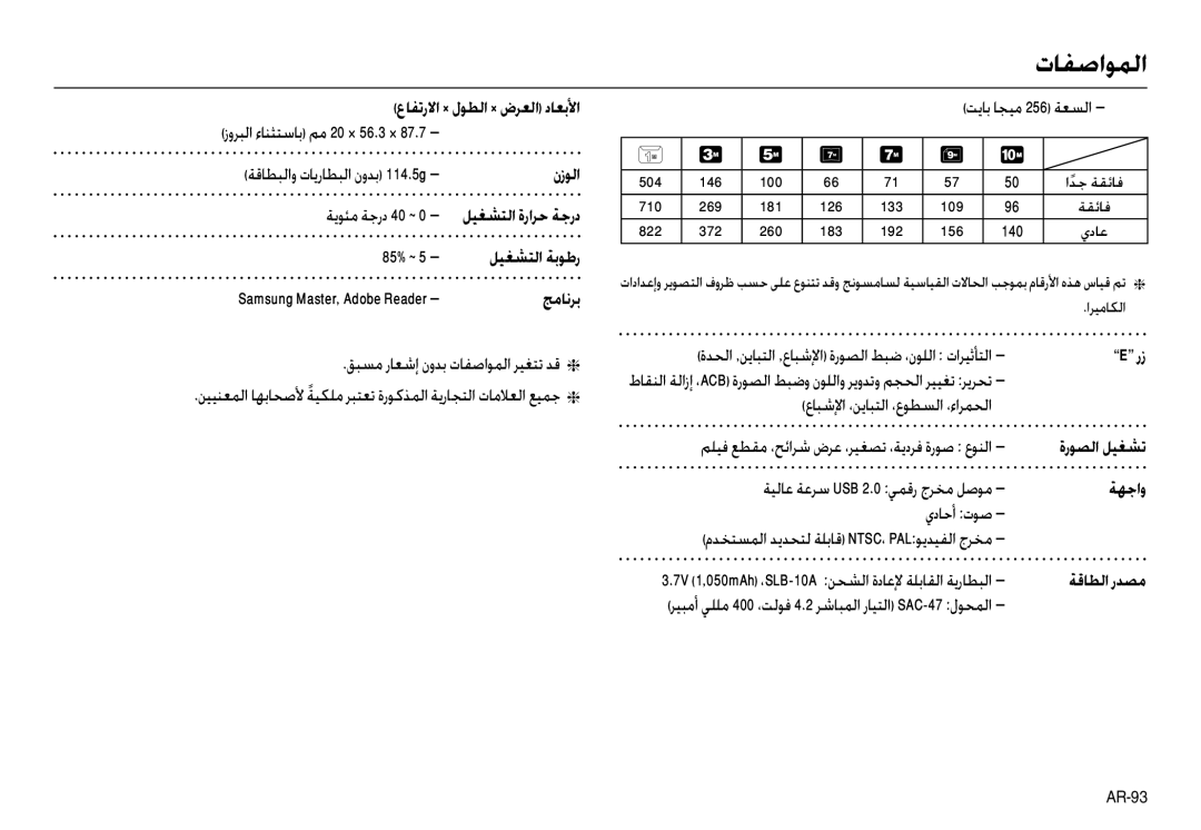 Samsung EC-L210ZSBB/AS manual زوﺮﺒﻟا ءﺎﻨﺜﺘﺳﺎﺑ ﻢﻣ 20 × 56.3 × 87.7, ﺔﻳﻮﺌﻣ ﺔﺟرد, 85%, ﻖﺒﺴﻣ رﺎﻌﺷإ نوﺪﺑ تﺎﻔﺻاﻮﻤﻟا ﺮﻴﻐﺘﺗ ﺪﻗ 