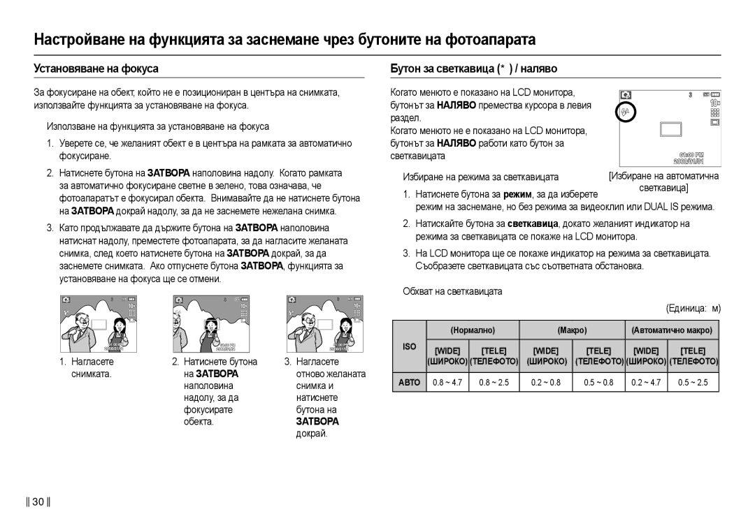 Samsung EC-L210ZBDA/E3, EC-L210ZSDA/E3 manual Уɫтɚнɨвявɚнɟ нɚ фɨкɭɫɚ, Бɭтɨн ɡɚ ɫвɟткɚвицɚ  / нɚлявɨ, ɧɚ ЗȺɌȼɈɊȺ 