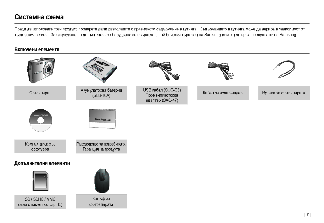 Samsung EC-L210ZSDA/E3, EC-L210ZBDA/E3 manual Ɋиɫтɟмнɚ ɫɯɟмɚ, Ȼключɟни ɟлɟмɟнти, Дɨпълнитɟлни ɟлɟмɟнти 