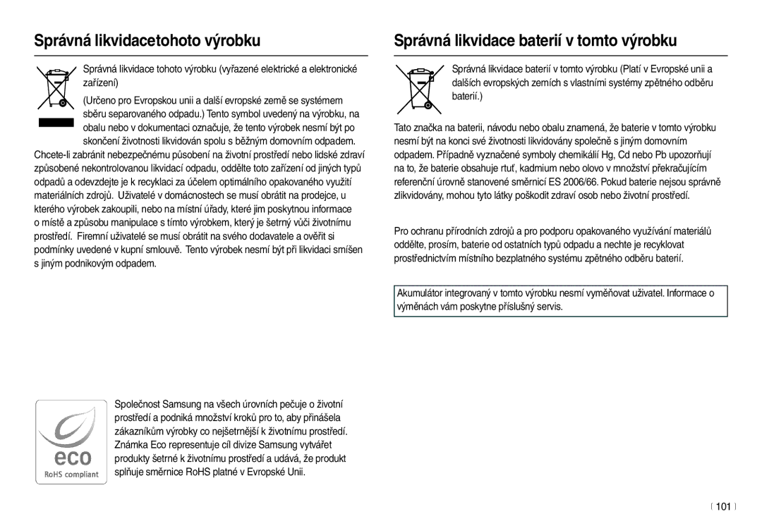 Samsung EC-L210ZSDA/E3, EC-L210ZBDA/E3 manual Správná likvidacetohoto výrobku, Správná likvidace baterií v tomto výrobku 