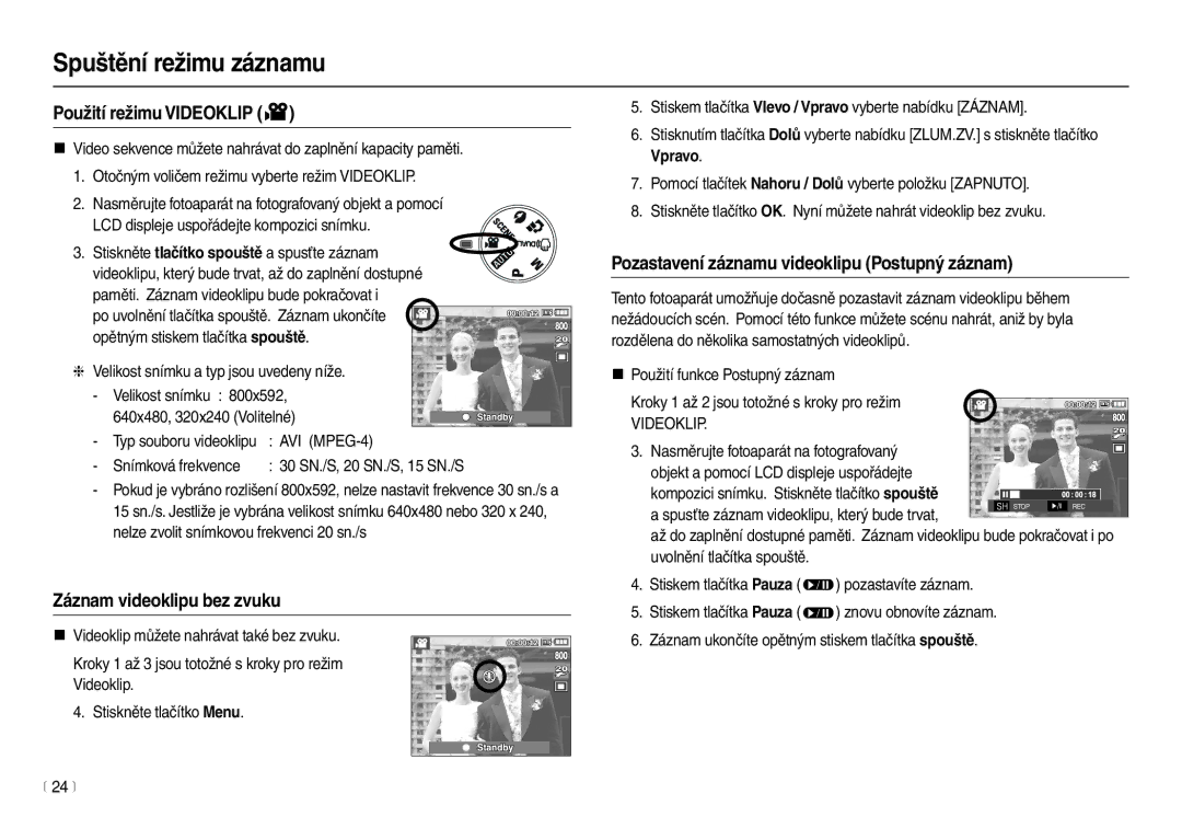 Samsung EC-L210ZBDA/E3, EC-L210ZSDA/E3 manual Použití režimu Videoklip, Záznam videoklipu bez zvuku, AVI MPEG-4, Vpravo 