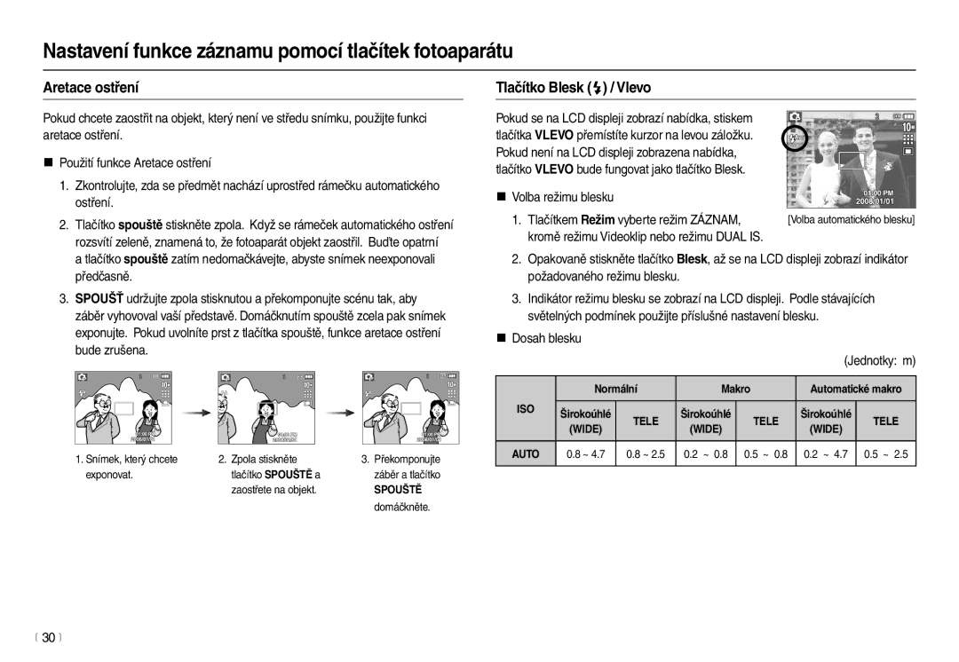 Samsung EC-L210ZBDA/E3, EC-L210ZSDA/E3 manual Aretace ostření, Tlačítko Blesk  / Vlevo, „ Dosah blesku, 30 m 