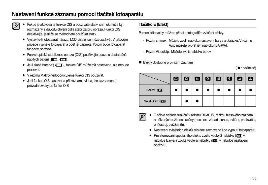 Samsung EC-L210ZSDA/E3, EC-L210ZBDA/E3 manual Tlačítko E Efekt, Pomocí této volby můžete přidat k fotograﬁím zvláštní efekty 