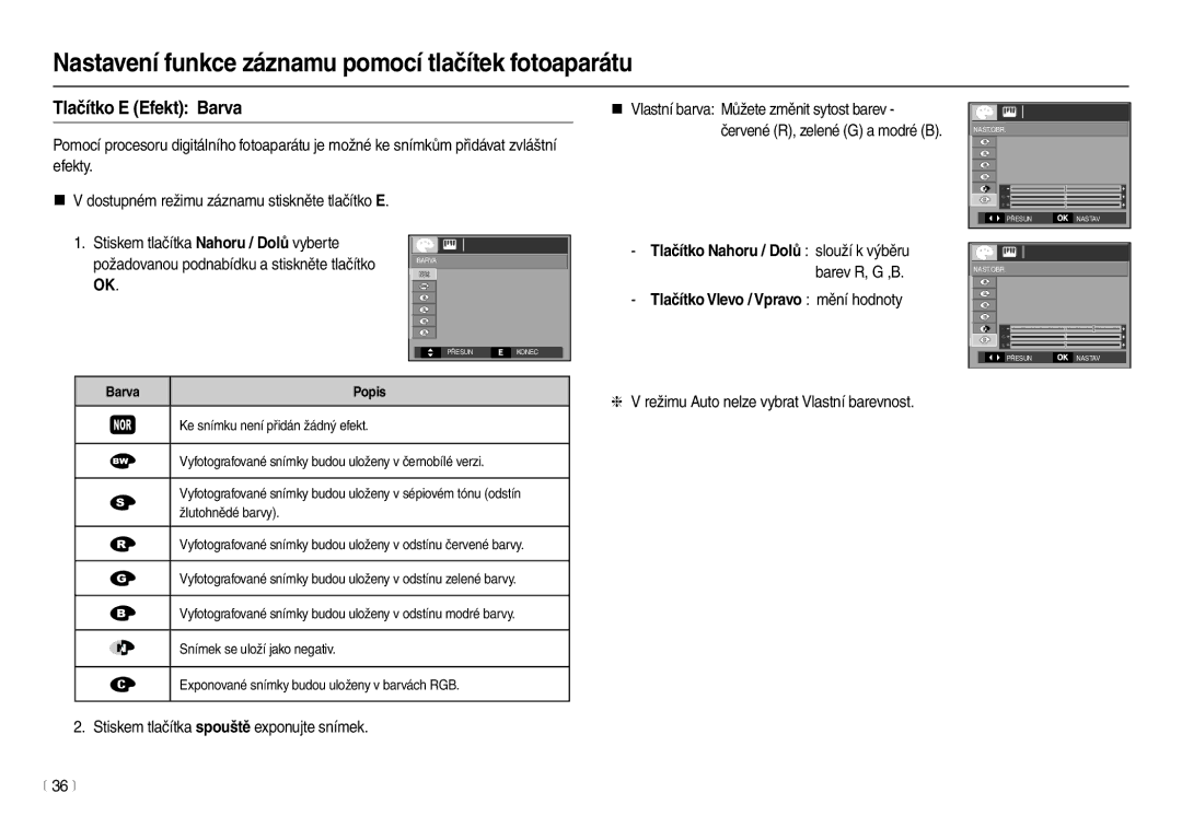 Samsung EC-L210ZBDA/E3, EC-L210ZSDA/E3 manual Tlačítko E Efekt Barva, Tlačítko Vlevo / Vpravo mění hodnoty, 36 m 