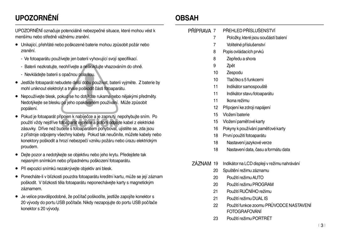 Samsung EC-L210ZSDA/E3, EC-L210ZBDA/E3 manual Upozornění, Příprava 7 Přehled Příslušenství 