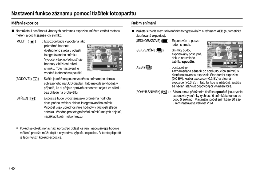 Samsung EC-L210ZBDA/E3, EC-L210ZSDA/E3 manual Režim snímání, Měření expozice, Multi, Sekvenční , Střed 