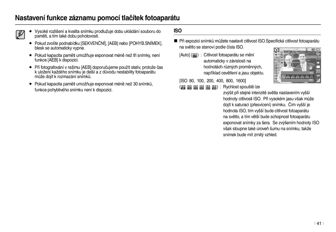 Samsung EC-L210ZSDA/E3, EC-L210ZBDA/E3 manual 200, 800 1600,  Rychlost spouště lze, Snímek bude mít zrnitý vzhled 41 m 