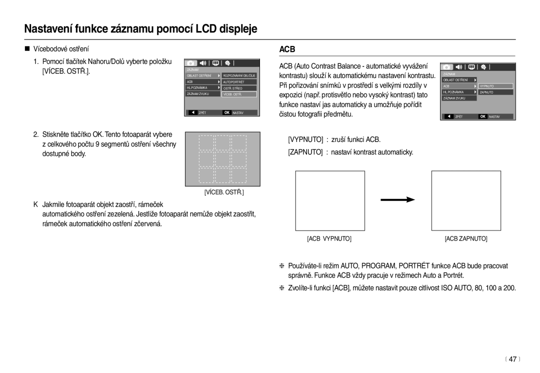 Samsung EC-L210ZSDA/E3, EC-L210ZBDA/E3 manual „ Vícebodové ostření, 47 m 