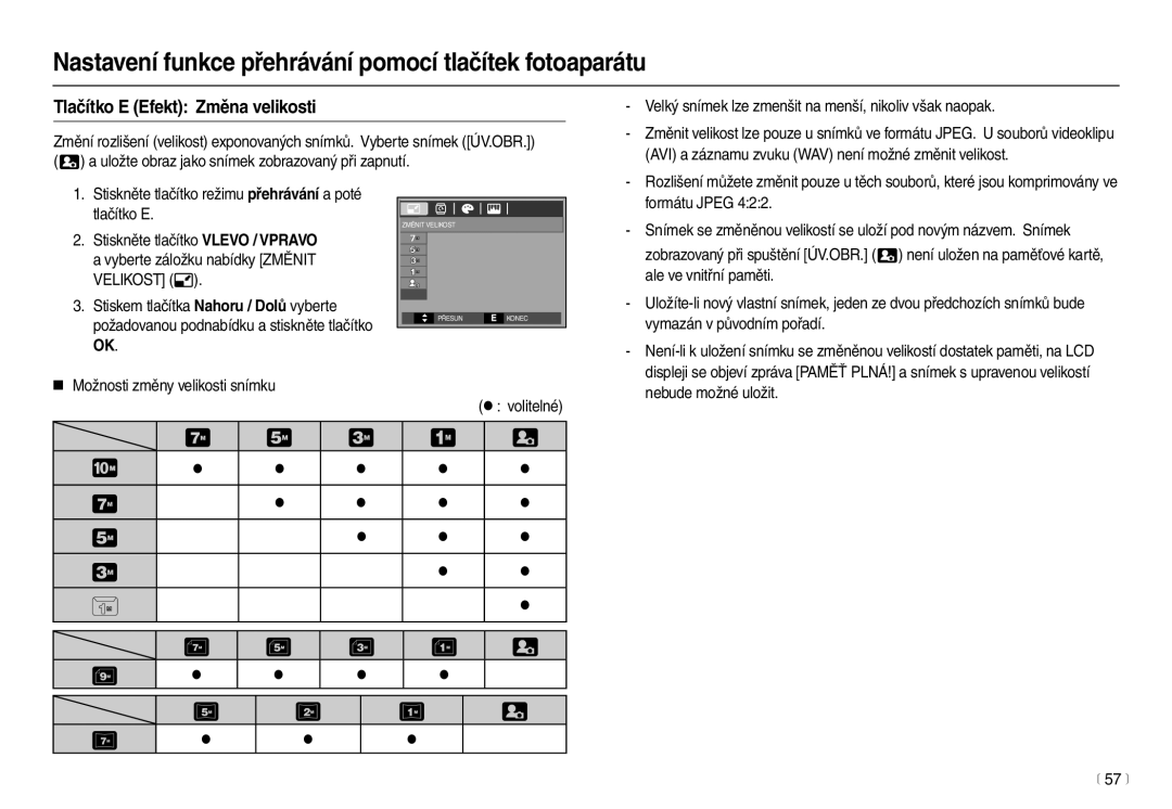 Samsung EC-L210ZSDA/E3, EC-L210ZBDA/E3 manual Tlačítko E Efekt Změna velikosti 