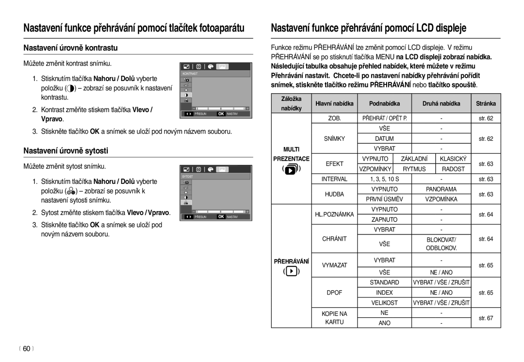 Samsung EC-L210ZBDA/E3, EC-L210ZSDA/E3 manual Nastavení úrovně sytosti, Kontrast změňte stiskem tlačítka Vlevo / Vpravo 