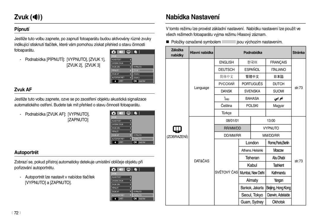 Samsung EC-L210ZBDA/E3, EC-L210ZSDA/E3 manual Nabídka Nastavení, Pípnutí, Zvuk AF, Autoportrét 