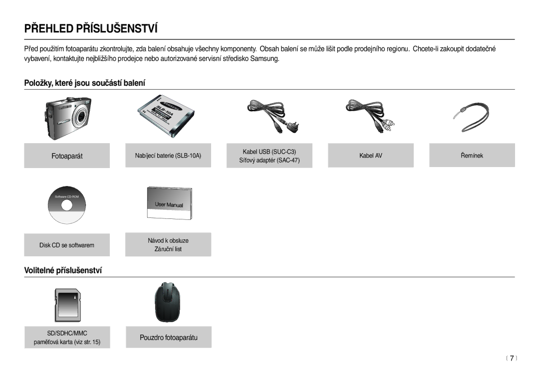 Samsung EC-L210ZSDA/E3 manual Položky, které jsou součástí balení, Volitelné příslušenství, Fotoaparát, Pouzdro fotoaparátu 