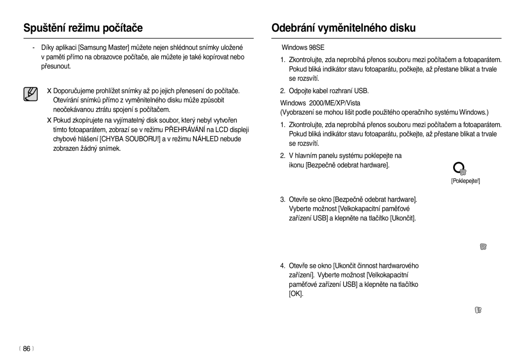 Samsung EC-L210ZBDA/E3, EC-L210ZSDA/E3 manual Odebrání vyměnitelného disku, 86 m 