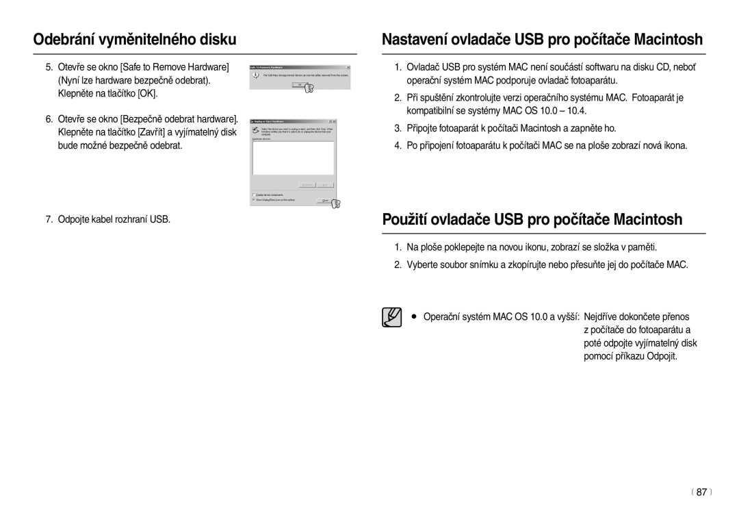 Samsung EC-L210ZSDA/E3, EC-L210ZBDA/E3 manual Použití ovladače USB pro počítače Macintosh, 87 m 