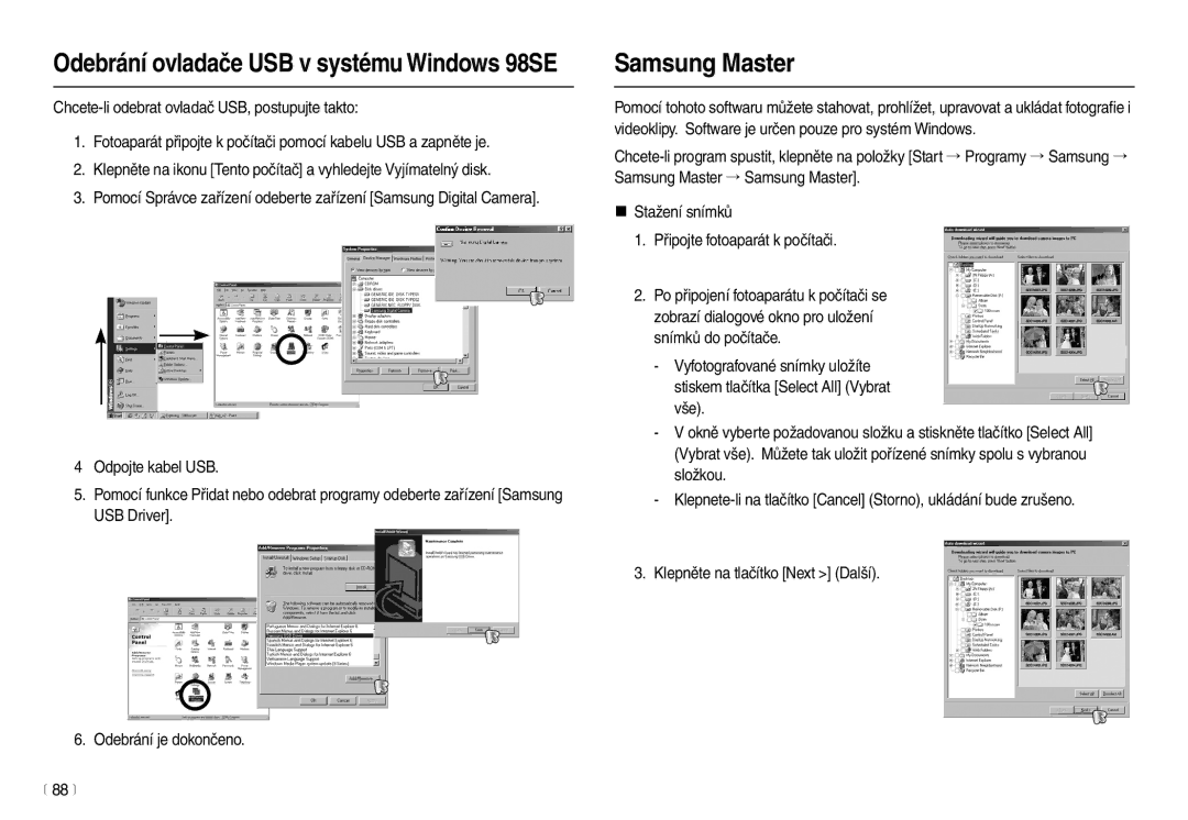 Samsung EC-L210ZBDA/E3, EC-L210ZSDA/E3 manual Samsung Master, Odebrání ovladače USB v systému Windows 98SE 