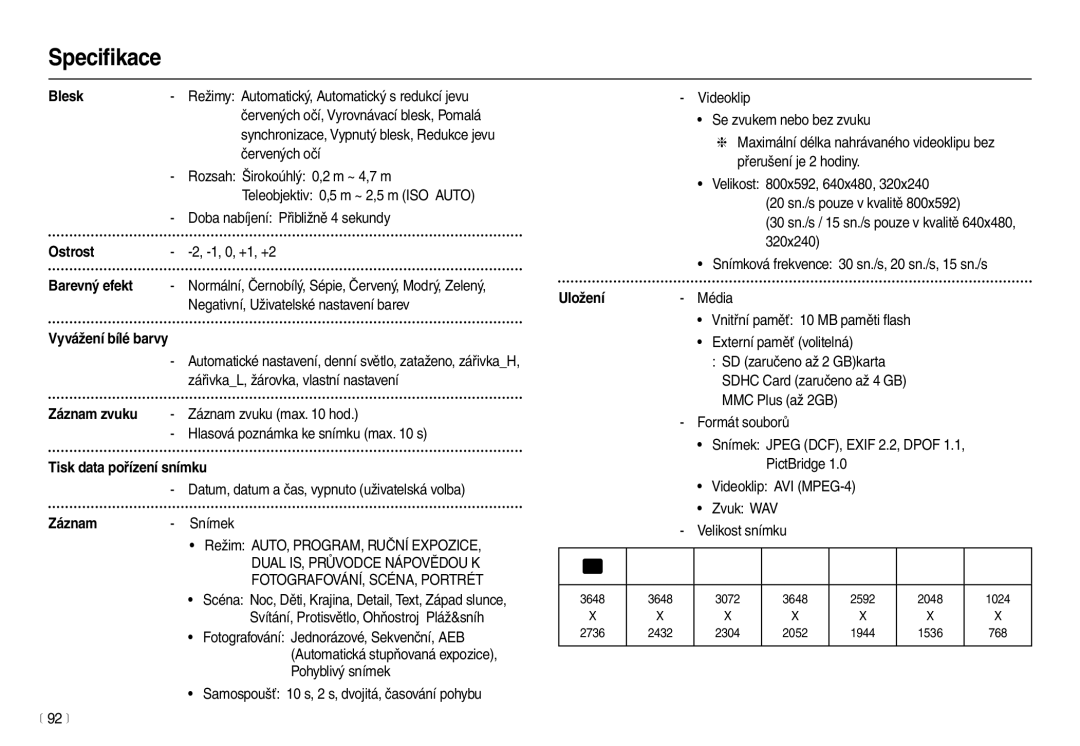 Samsung EC-L210ZBDA/E3, EC-L210ZSDA/E3 manual Speciﬁkace 