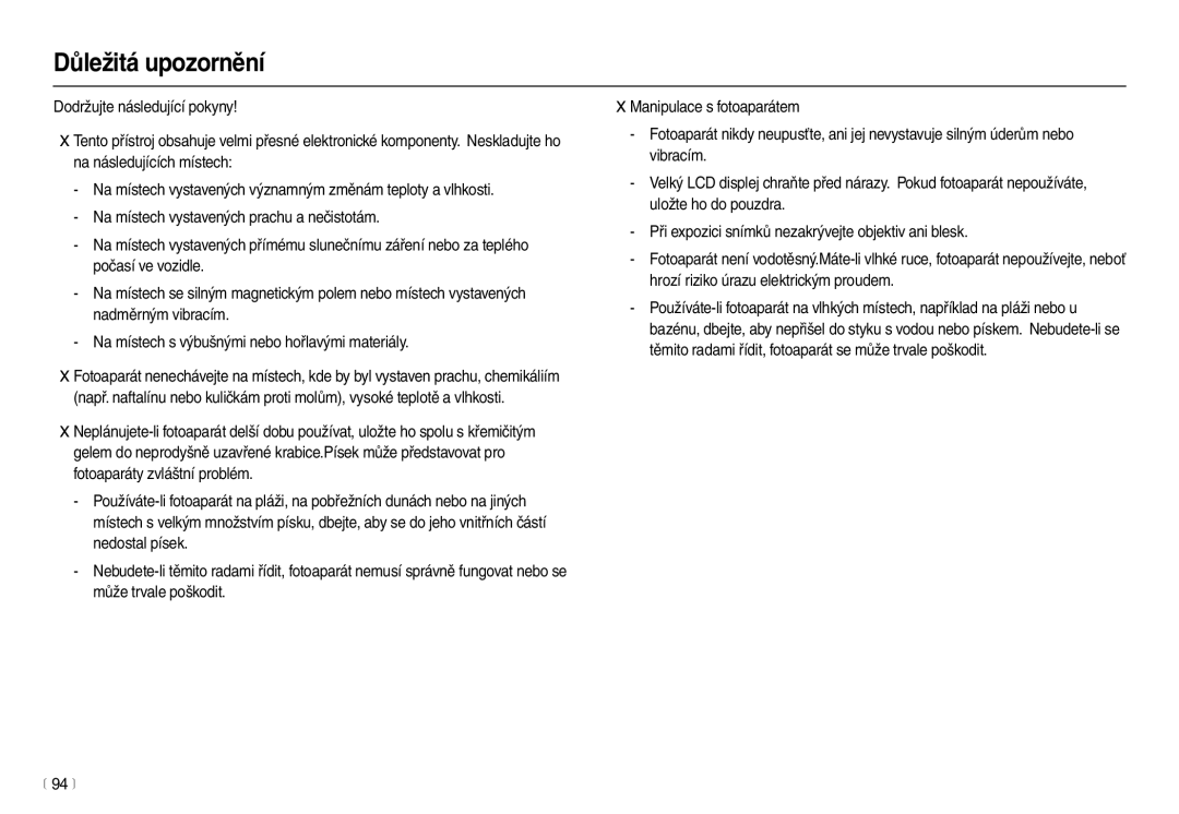 Samsung EC-L210ZBDA/E3, EC-L210ZSDA/E3 manual Důležitá upozornění, 94 m 