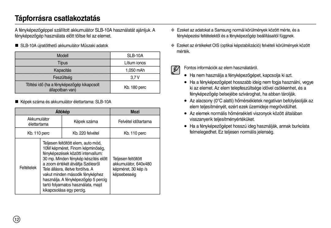 Samsung EC-L210ZSBA/IT, EC-L210ZUDA/E3, EC-L210ZSDA/E3 Ha nem használja a fényképezőgépet, kapcsolja ki azt, Állókép Mozi 