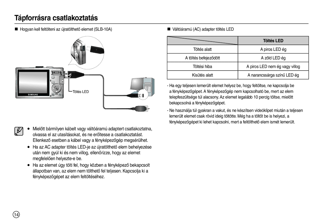 Samsung EC-L210ZBBB/E1 manual „ Hogyan kell feltölteni az újratölthető elemet SLB-10A, „ Váltóáramú AC adapter töltés LED 