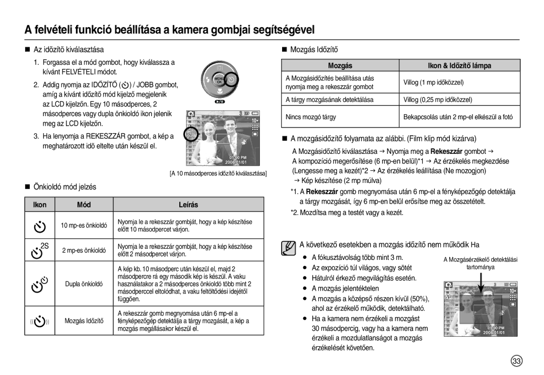 Samsung EC-L210ZSBA/E1 „ Az idõzítõ kiválasztása, „ Önkioldó mód jelzés, „ Mozgás Időzítő, Mozgás Ikon & Időzítő lámpa 