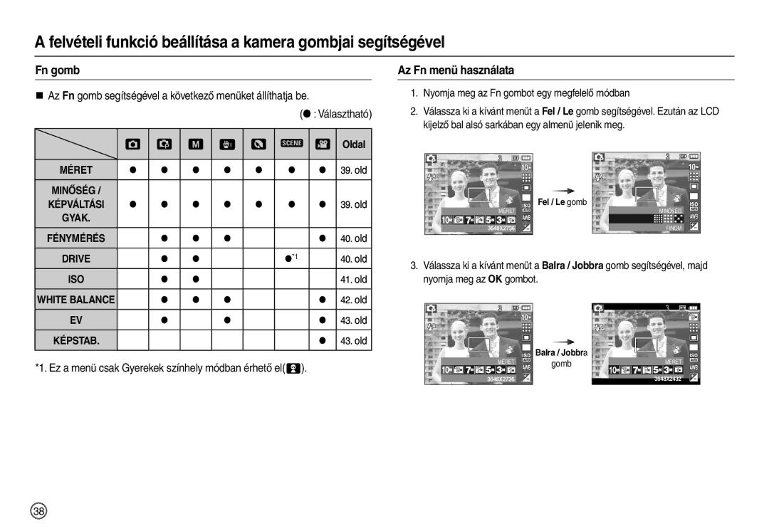 Samsung EC-L210ZBBA/FR manual Fn gomb, Az Fn menü használata, Ez a menü csak Gyerekek színhely módban érhető el, Oldal 