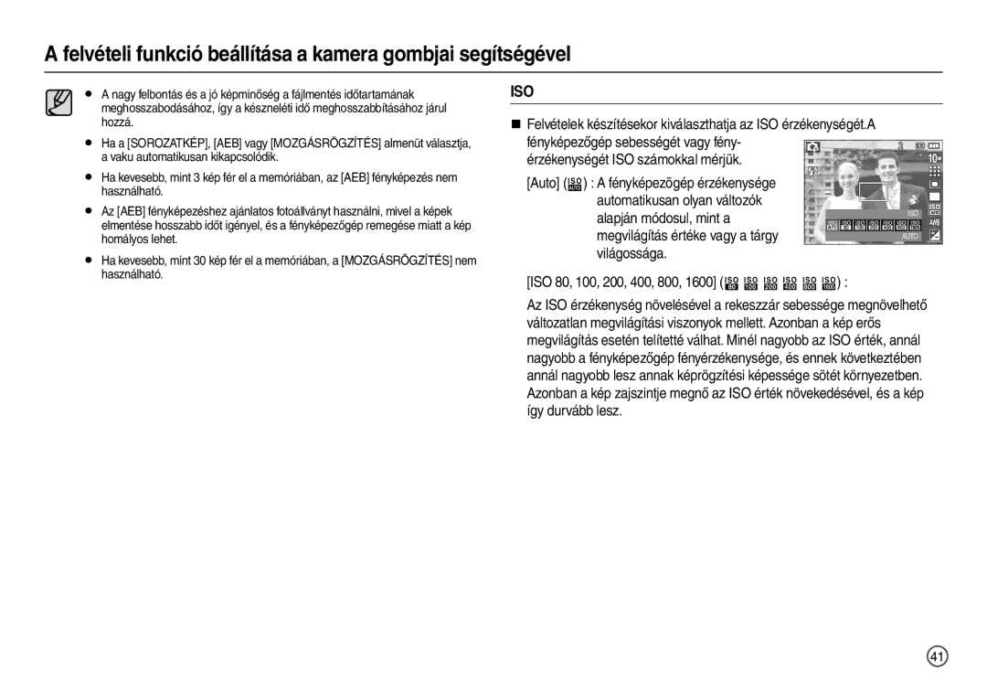 Samsung EC-L210ZPBA/FR manual Automatikusan olyan változók Alapján módosul, mint a, Auto  a fényképezõgép érzékenysége 