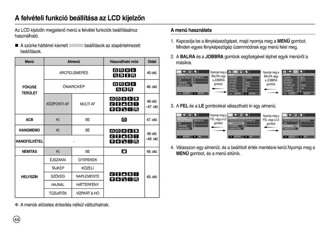 Samsung EC-L210ZRBA/FR, EC-L210ZUDA/E3, EC-L210ZSDA/E3 manual Felvételi funkció beállítása az LCD kijelzőn, Menü használata 