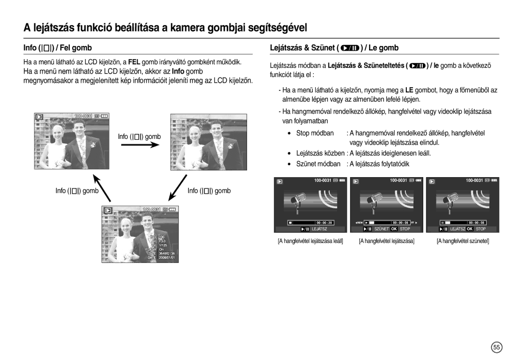 Samsung EC-L210ZRDA/E3 Info  / Fel gomb, Lejátszás & Szünet  / Le gomb, Info  gomb, Vagy videoklip lejátszása elindul 