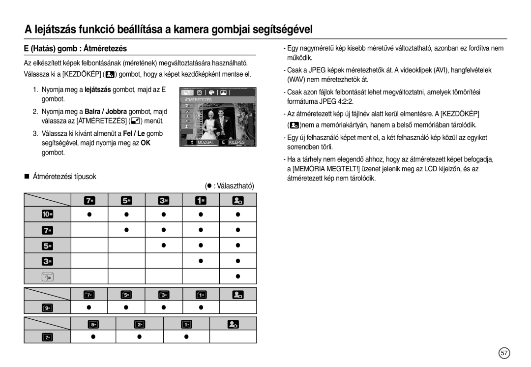 Samsung EC-L210ZPDA/E3, EC-L210ZUDA/E3, EC-L210ZSDA/E3 manual Hatás gomb Átméretezés, „ Átméretezési típusok  Választható 