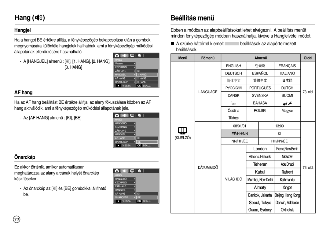 Samsung EC-L210ZSDA/E3, EC-L210ZUDA/E3 manual Beállítás menü, Hangjel, AF hang, Önarckép, Beállítások az alapértelmezett 