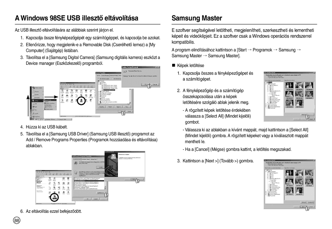 Samsung EC-L210ZBBA/E1, EC-L210ZUDA/E3, EC-L210ZSDA/E3 manual Windows 98SE USB illesztő eltávolítása, Samsung Master 