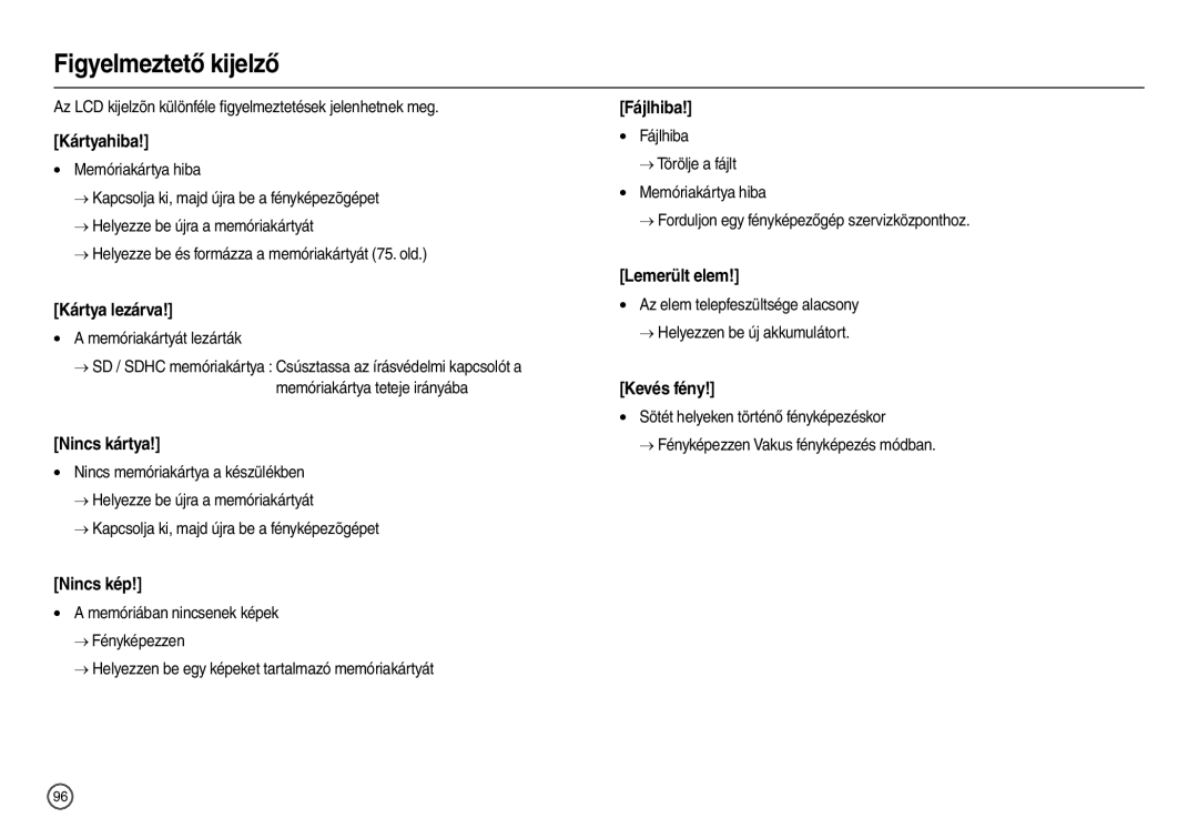 Samsung EC-L210ZUBA/FR, EC-L210ZUDA/E3 Figyelmeztető kijelző, Az LCD kijelzõn különféle ﬁgyelmeztetések jelenhetnek meg 