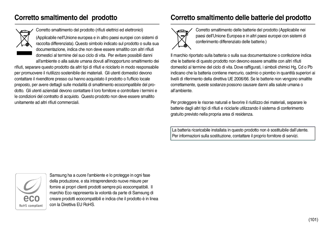 Samsung EC-L210ZPBA/IT, EC-L210ZUDA/E3, EC-L210ZSDA/E3, EC-L210ZRDA/E3, EC-L210ZBBA/FR Corretto smaltimento del prodotto, 101 