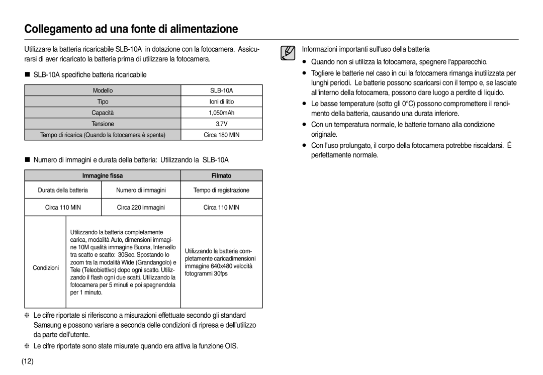 Samsung EC-L210ZBBA/IT manual Collegamento ad una fonte di alimentazione, „ SLB-10A speciﬁche batteria ricaricabile 