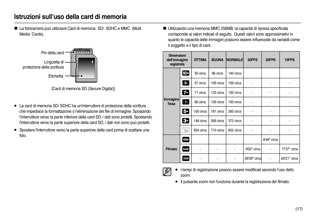 Samsung EC-L210ZBBA/E1, EC-L210ZUDA/E3, EC-L210ZSDA/E3, EC-L210ZRDA/E3 manual Dellimmagine Ottima Buona Normale 30FPS 