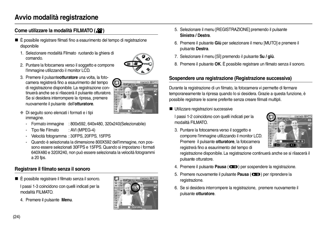 Samsung EC-L210ZSBB/E1 manual Come utilizzare la modalità Filmato, Sospendere una registrazione Registrazione successiva 