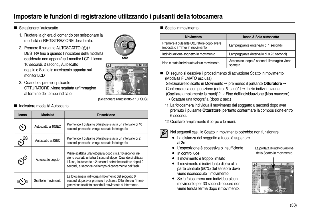 Samsung EC-L210ZBBB/E1, EC-L210ZUDA/E3 „ Selezionare lautoscatto, Doppio o Scatto in movimento apparirà sul monitor LCD 