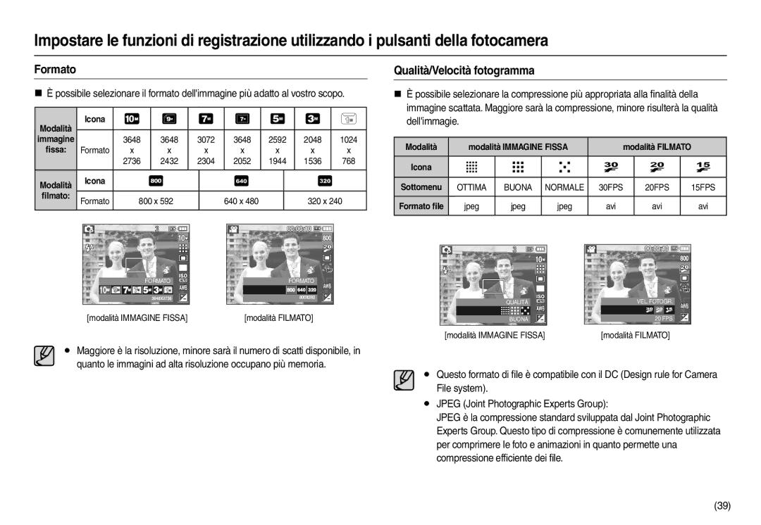 Samsung EC-L210ZRDA/E3 manual Qualità/Velocità fotogramma, Formato, Modalità Modalità Immagine Fissa Modalità Filmato 