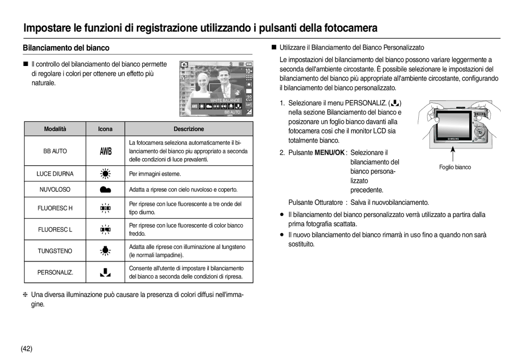 Samsung EC-L210ZBDA/E3, EC-L210ZUDA/E3 Bilanciamento del bianco, „ Utilizzare il Bilanciamento del Bianco Personalizzato 