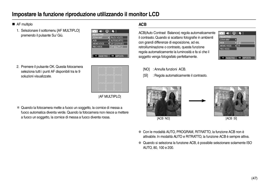 Samsung EC-L210ZUBA/E1 manual „ AF multiplo, Selezionare il sottomenu AF Multiplo, Premendo il pulsante Su/ Giù 