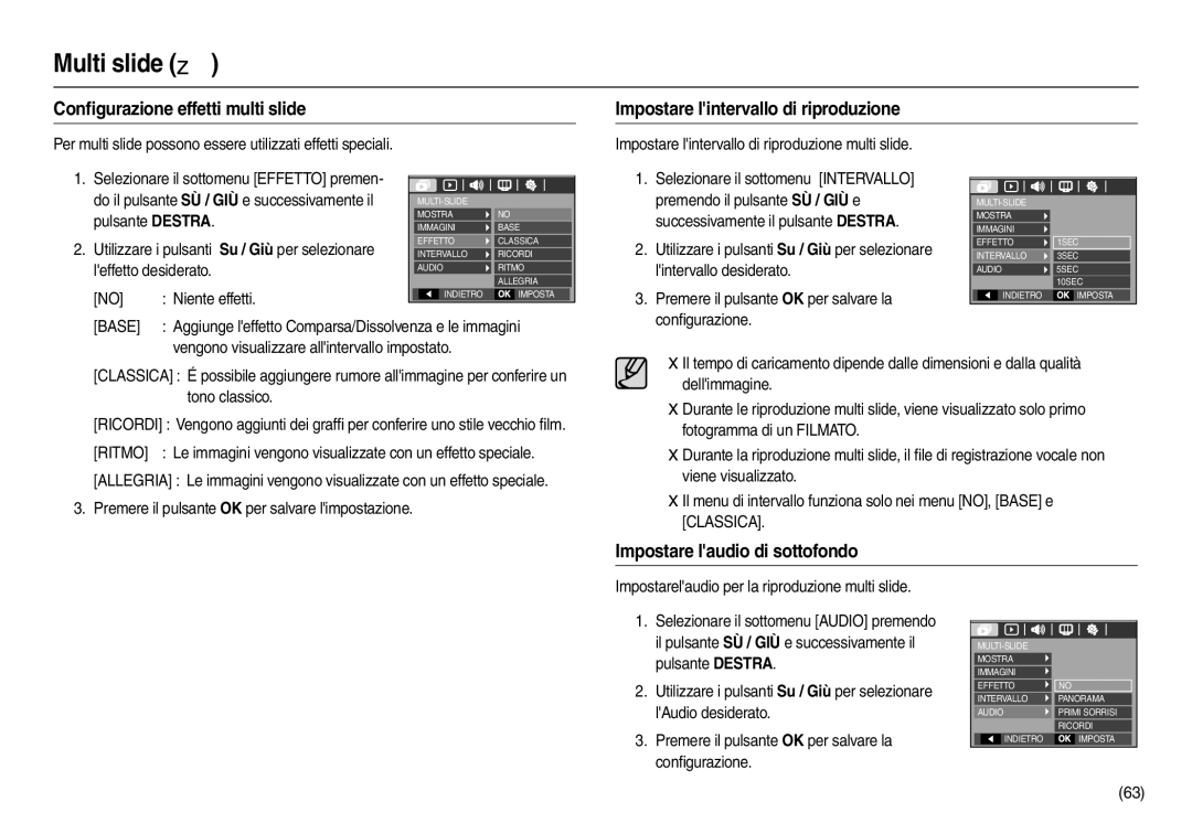 Samsung EC-L210ZPBA/IT, EC-L210ZUDA/E3 Impostare laudio di sottofondo, Impostare lintervallo di riproduzione multi slide 