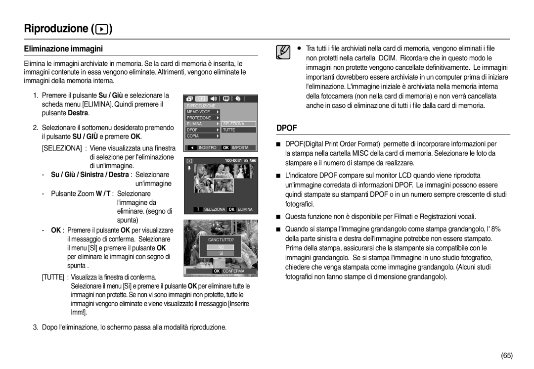 Samsung EC-L210ZPBC/E1, EC-L210ZUDA/E3, EC-L210ZSDA/E3 manual Eliminazione immagini, Su / Giù / Sinistra / Destra Selezionare 