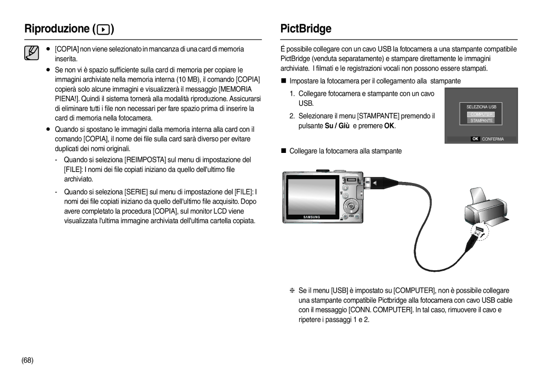 Samsung EC-L210ZSBA/IT manual PictBridge, Usb, Pulsante Su / Giù e premere OK, Selezionare il menu Stampante premendo il 