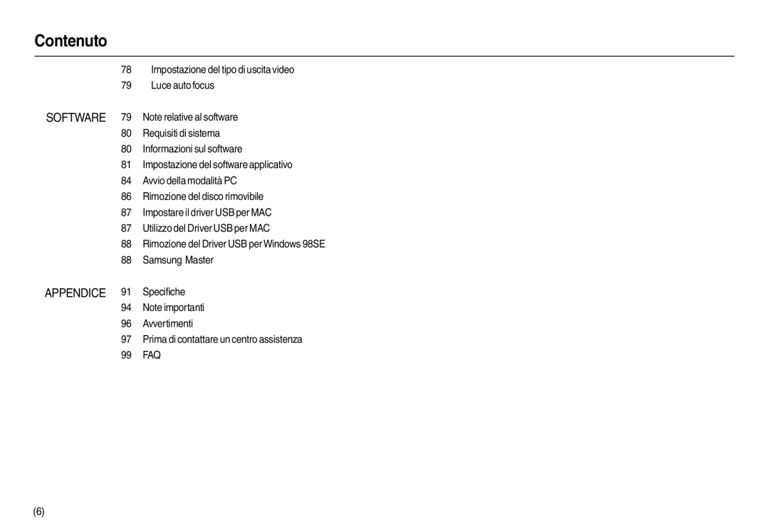 Samsung EC-L210ZPBA/IT manual Impostazione del tipo di uscita video, Luce auto focus, Requisiti di sistema, Samsung Master 