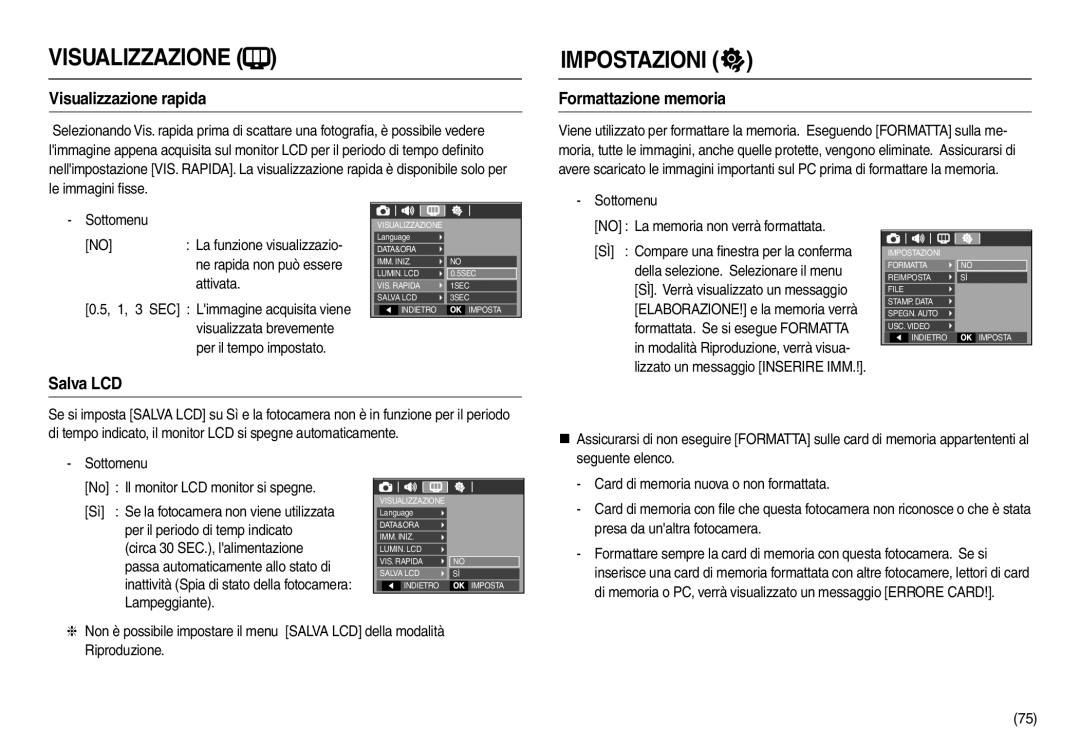 Samsung EC-L210ZUDA/E3, EC-L210ZSDA/E3, EC-L210ZRDA/E3 manual Visualizzazione rapida, Formattazione memoria, Salva LCD 