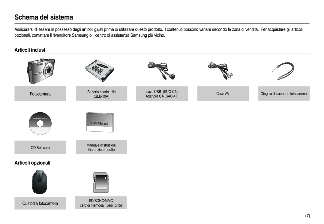 Samsung EC-L210ZRBB/E1 manual Schema del sistema, Articoli inclusi, Articoli opzionali, Fotocamera, Custodia fotocamera 