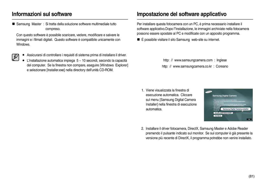 Samsung EC-L210ZSBB/E1 Impostazione del software applicativo, Selezionare Installer.exe nella directory dellunità CD-ROM 